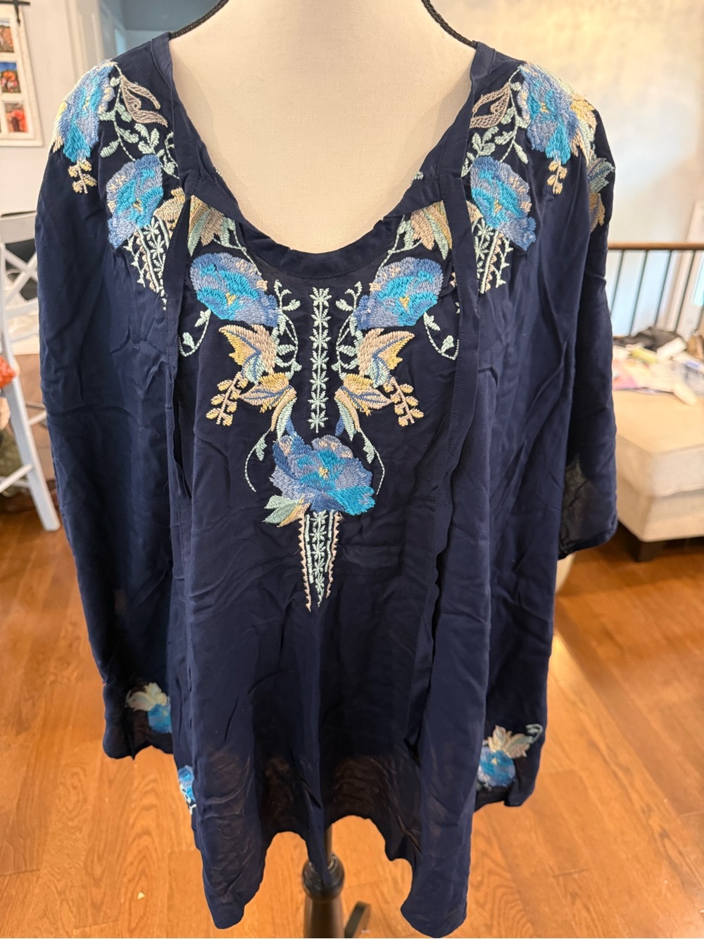Reba Navy Tunic w Blue and Cream Floral Embroidery 1X Identical to a Johnny Was